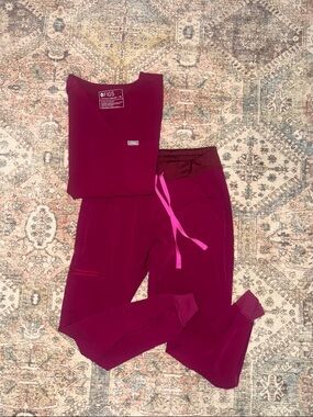 FIGS magenta Scrub Set with Pink Drawstring Accent